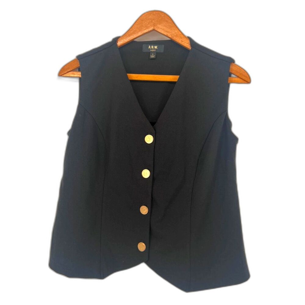 AUW Black with Gold Buttons Sleeveless Button Front Vest Vneck Dressy‎ Size LG